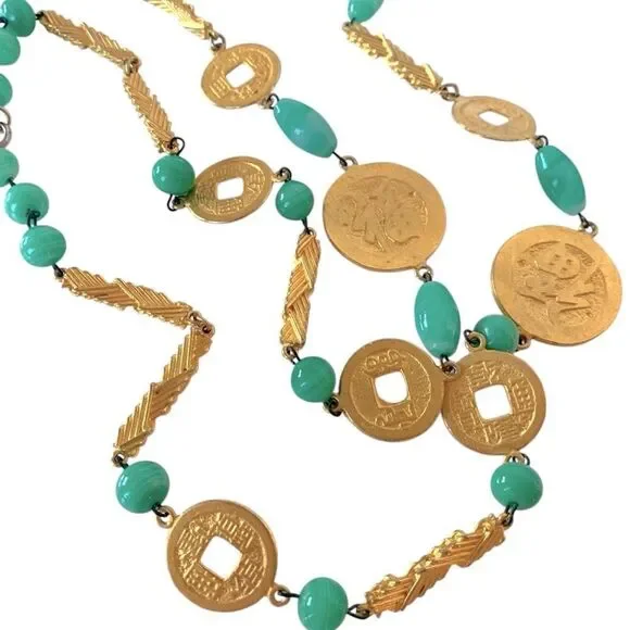 Vintage Kenneth Jay Lane Asian Medallion Green Jade Necklace - Picture 2 of 5